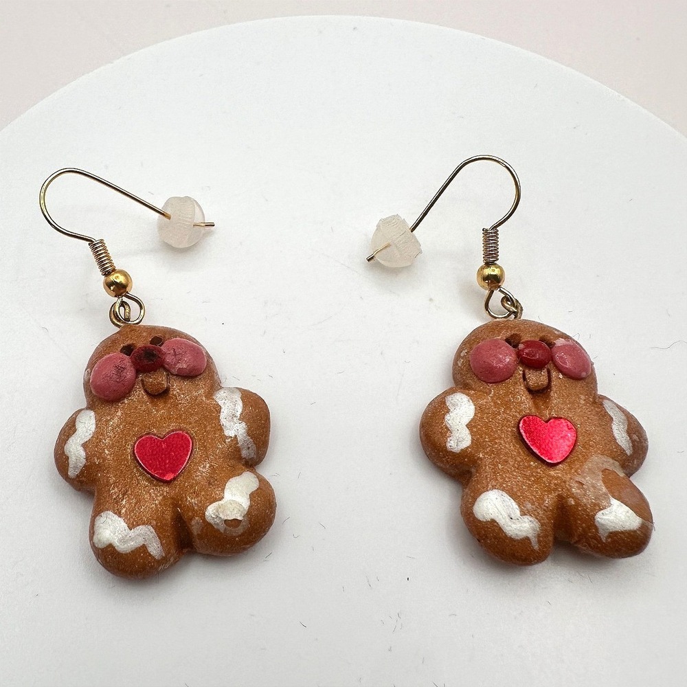 Vintage 90s Brown Gingerbread Man Dangle‎ Earrings Red Heart Christmas Holiday